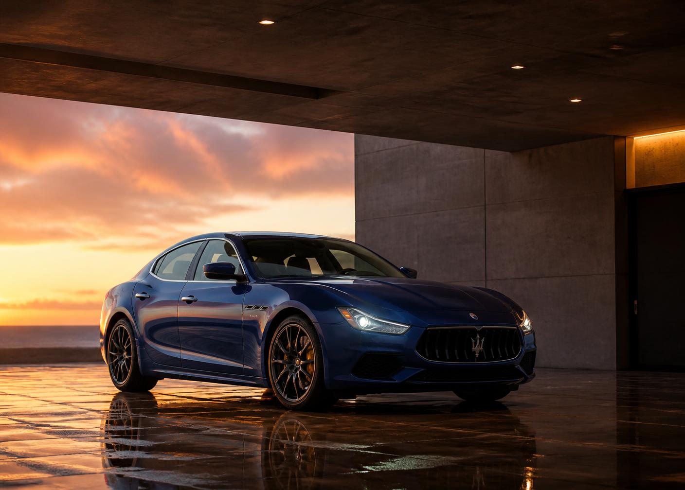 Blue luxury sports car in the 999 Prestige Motors showroom canopy at sunset